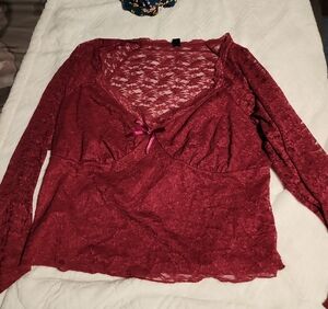 SHEIN Burgundy Red Lace Long Sleeve Surplice Top